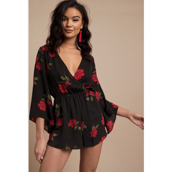 Tobi Pants - NWOT Black and red Floral Mini Romper